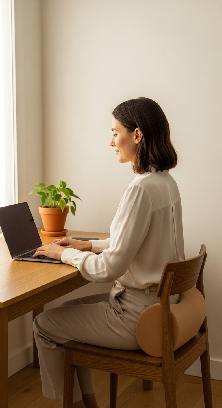 Femme en télétravail avec coussin lombaire Lordya sur chaise de bureau